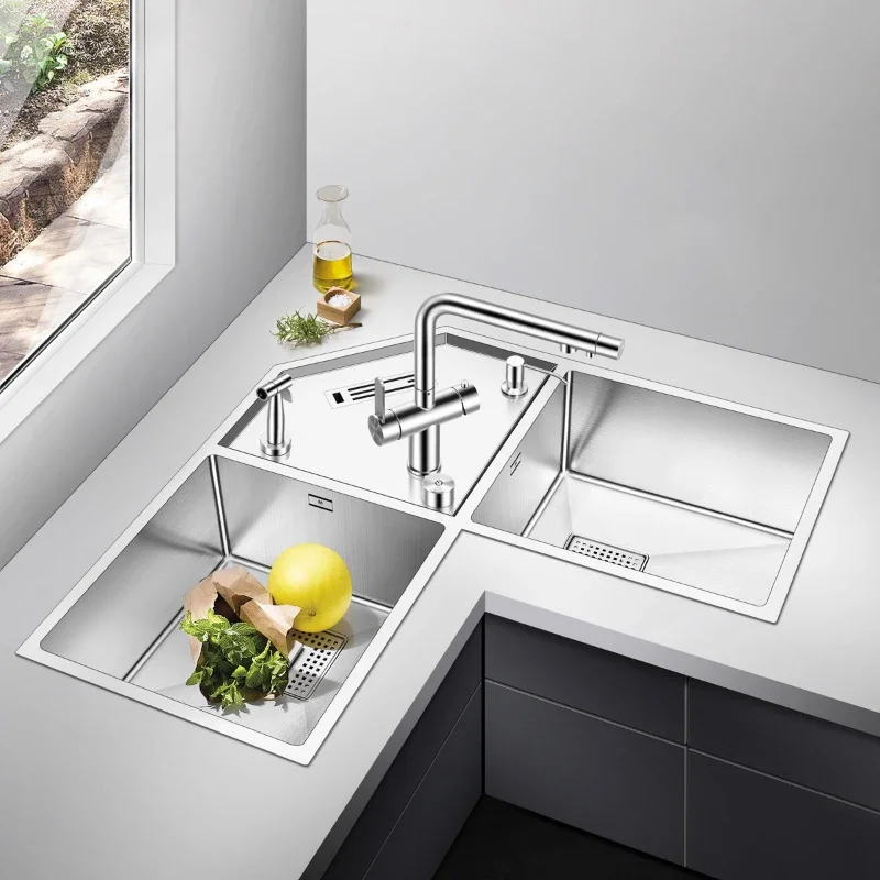 Corner sink double slot corner multi-function stainless steel sink sink with knife holder Fregaderd