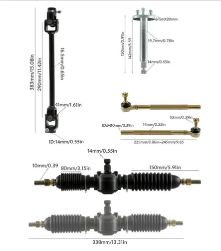 Complete steering rack and pinion assembly tie rod ends for go-karts