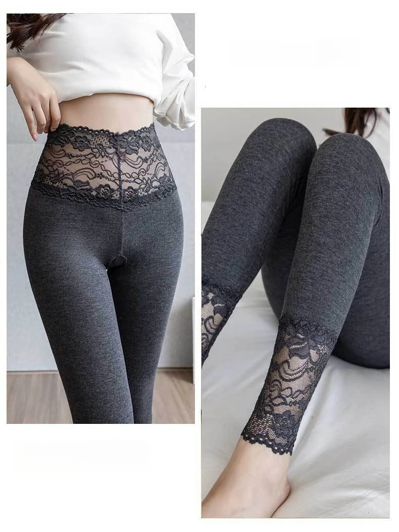 Modale Leggings für Damen, hohe Taille, sexy Spitze, schlank, dehnbar, atmungsaktiv, allein zu tragen, Frühling, Herbst, Basisschicht, Po-Lifting-Leggings – Detail 16