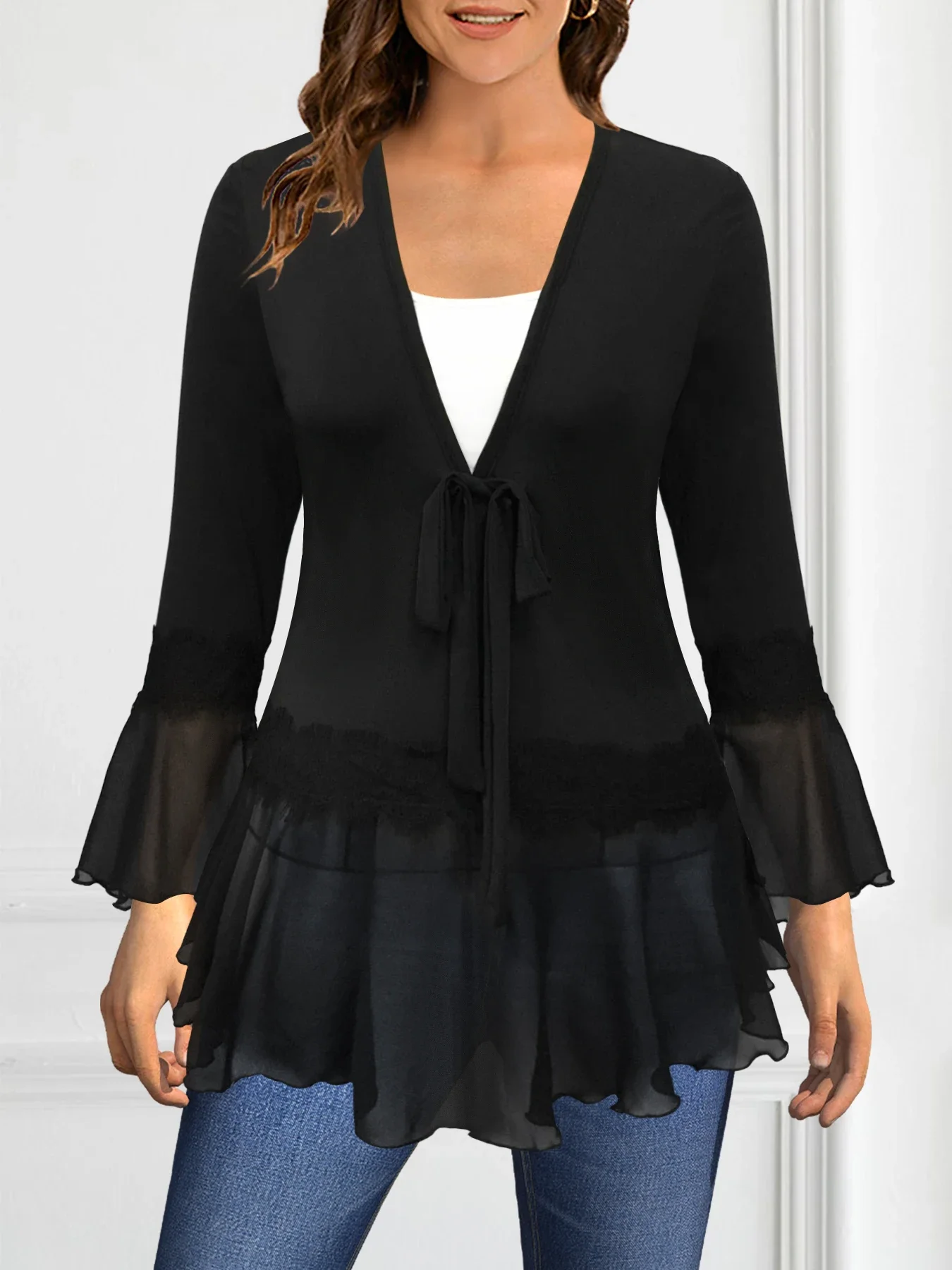 

Women Plus Size V-Neck T Shirt Blouse Tops Black Patchwork Flare Sleeve Chiffon Mesh Hem Autumn Elegant Casual Lace-Up Tops 2024