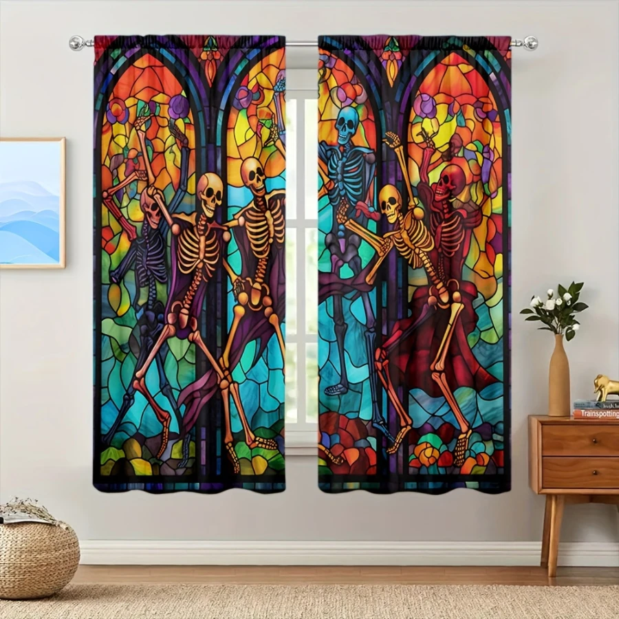 Home Decor Window Blinds - 2枚組デジタルプリントカーテン、スケルトンマーメイド柄、ゴシック風ユニークスタイルのロッドポケットドレープ、寝室やリビングルームの装飾に