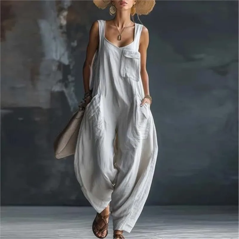 

Fashion V-neck Hollow Women's Jumpsuits Spring Solid Sleeveless Office Rompers Summer Casual Loose Trousers Pocket Overalls