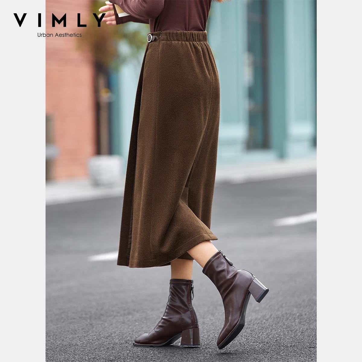 VIMLY Women's Wrap Brown Midi Skirt for Autumn 2026 Vintage High Waist Ladies Skirts Elegant Office Straight Female Skirts A2795