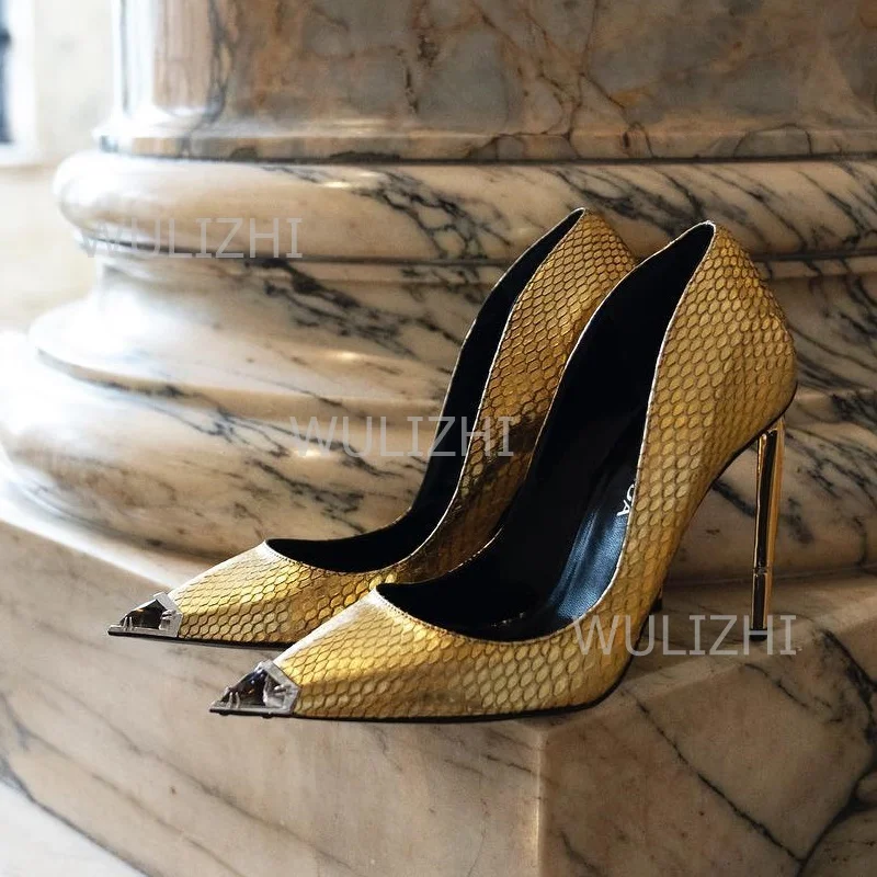 Gold Scale Leather Pump Elegant Bling Women Sandals Red Stone Pattern Heels Girls Club Fashion Stiletto Metal Black Velvet Shoes