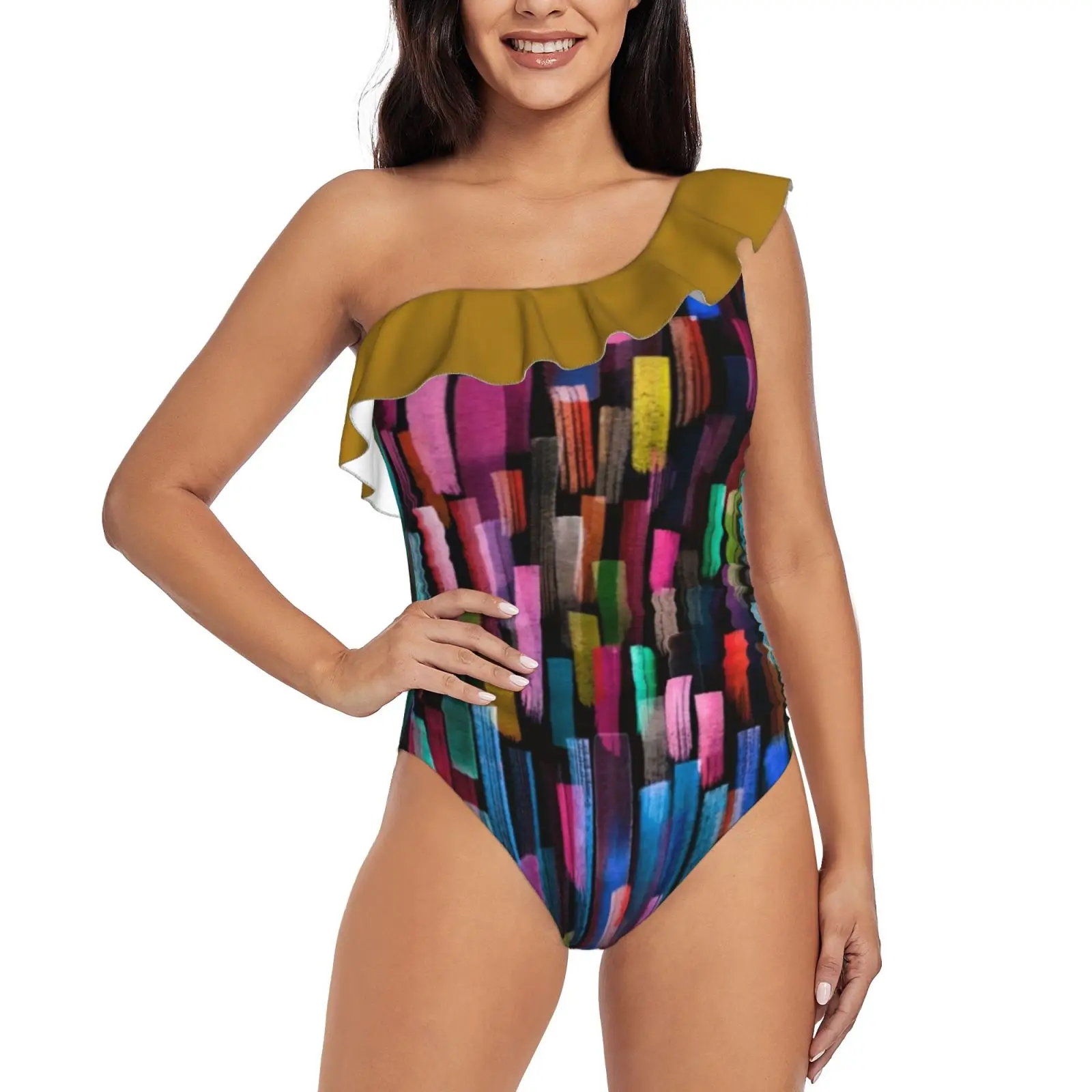 

Multicolored Watercolor Stripes Pattern One Shoulder Ruffle Swimsuits Sexy One Piece Swimsuit Women Swimwear Monokini