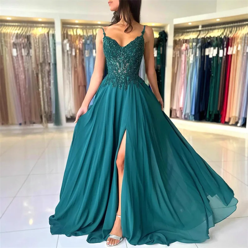 A Line Chiffon Spaghetti Straps Beading Slit Evening Bridesmaid Dresses Wedding Party Formal Prom Birthday Floor Length Lace Up