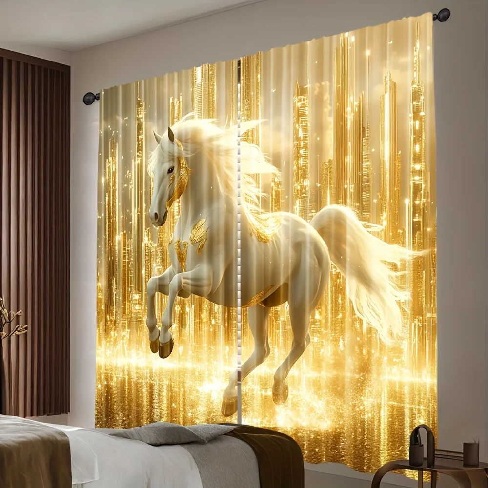 2pc Gilded White Horse Roller Shades with Golden Cityscape, Light-Filtering Rod Pocket Curtains for Living Room & Kitchen