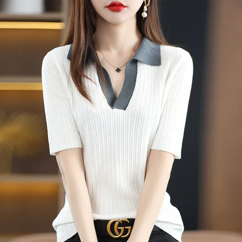 New Summer Fashion Korean Edition Contrast Polo Neck Short Sleeved Sweater Loose and Versatile Western Style Casual Knitted Top