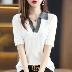 New Summer Fashion Korean Edition Contrast Polo Neck Short Sleeved Sweater Loose and Versatile Western Style Casual Knitted Top