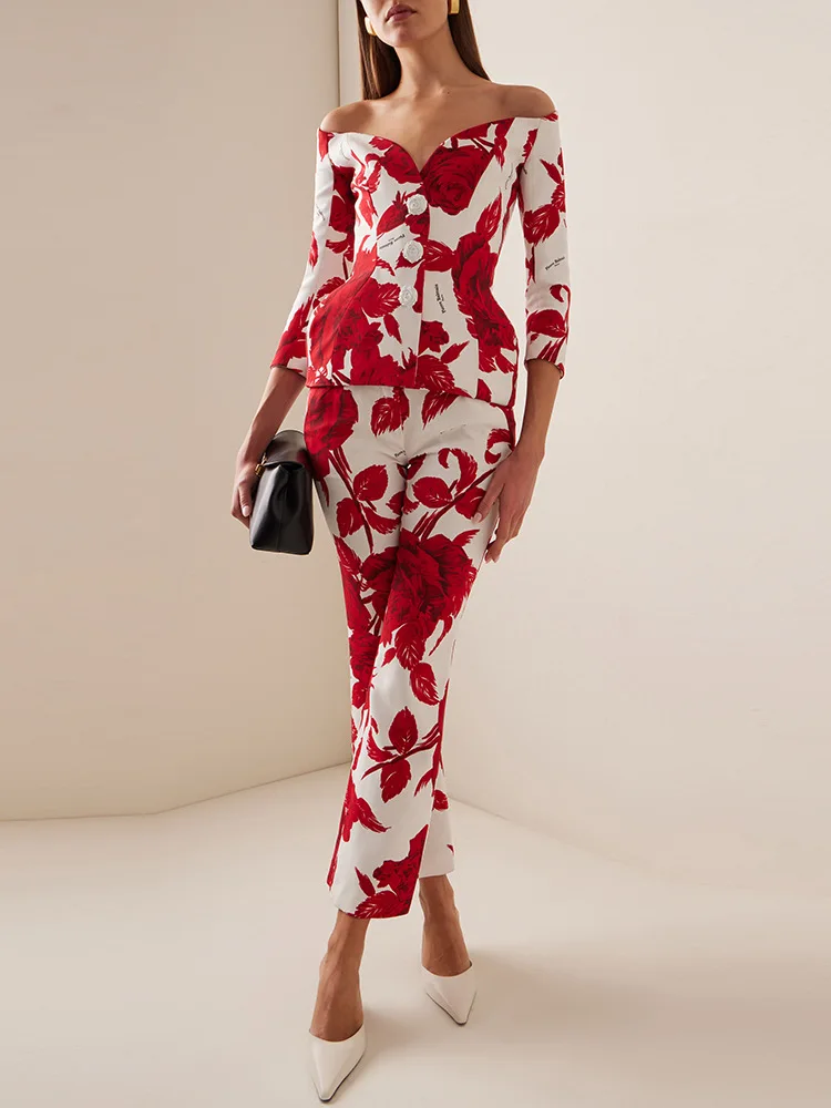 HIGH STREET Newest 2024 Designer Runway Suit Set Women Slash Neck Floral Printed Top Pants Set