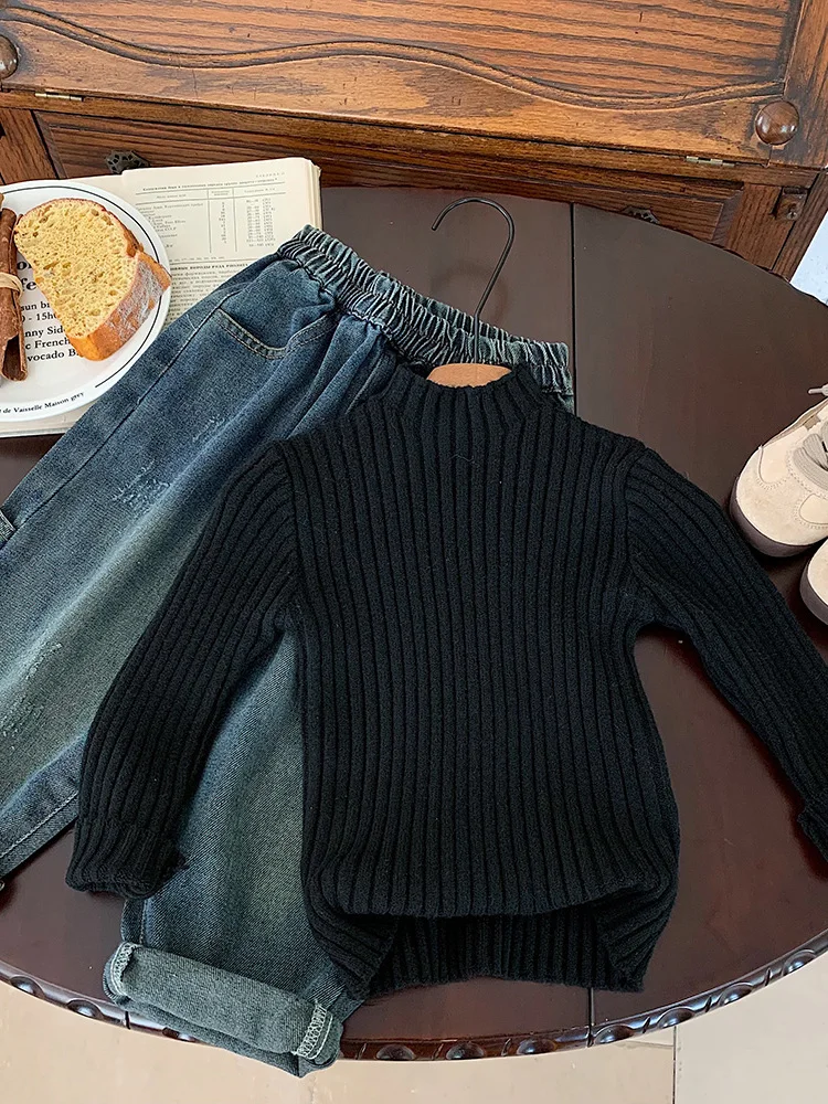 ملابس داخلية تريكو للأطفال ملابس خارجية للأطفال لون نقي للخريف والشتاء ملابس أطفال متعددة الاستخدامات ملابس كورية