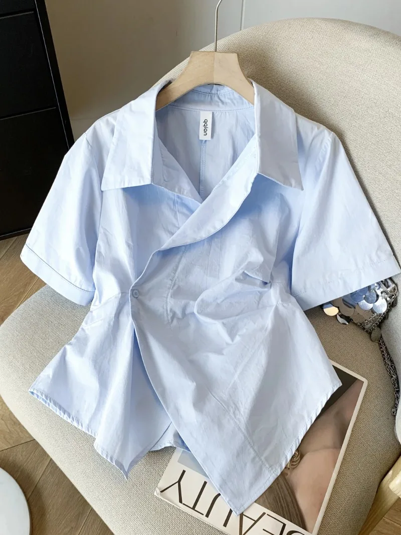 Blue Lapel Women's Shirt Fashion Korean Slant Button Design Shirt Top Summer Short Sleeve Irregular Cardigan Blouses