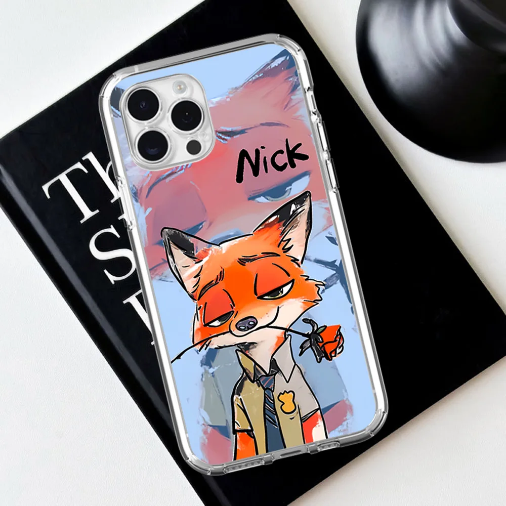 MINISO Cute Nick Judy Zootopia For iPhone 16 15 13 14 12 11 Pro Plus MAX XS iPhone13 14 Mini Transparent Phone Case