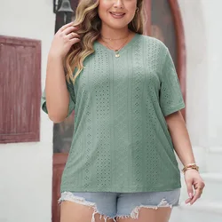 Plus Size Damen Kurzarm hohl grün Hemd solide V-Ausschnitt lose Hemd übergroße Kleidung Sommer