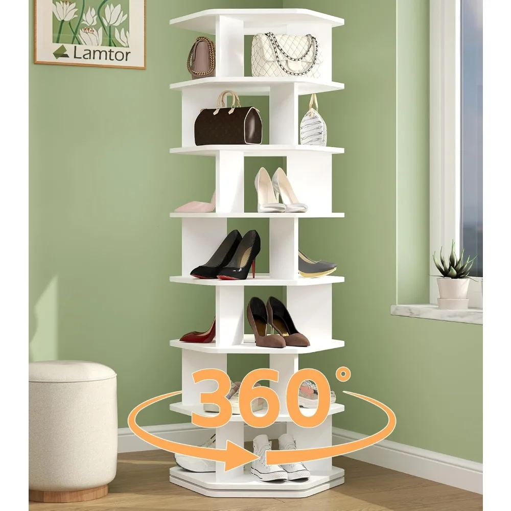 

7-Tier Rotating Shoe Rack Tower - Wooden Spinning Shoe Display Lazy Susan, 360 Revolving Shoe Rack Storage, Vertical Handbag