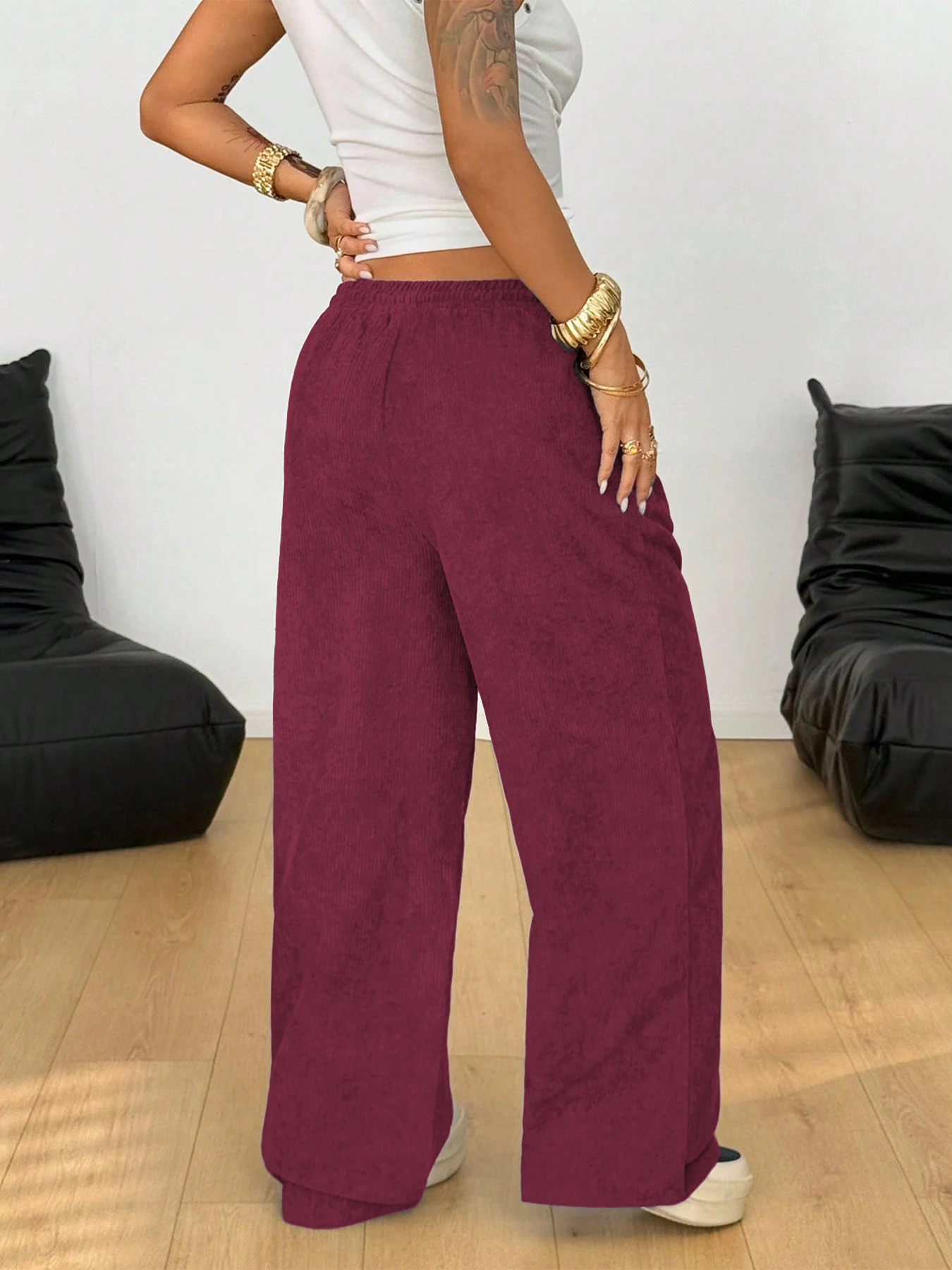 Damen Retro Cord Cargo-Hose Lässige Kordelzug Gerade Sporthose Fließende Alltags-Pendlerhose mit Weitem Bein – Detail 11