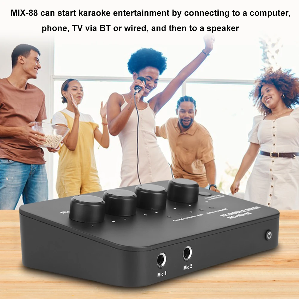 Mixer audio per karaoke compatto Connessione AUX BT da 3,5 mm con 2 ingressi microfoni Macchina per karaoke audio digitale per TV/PC e amplificatore