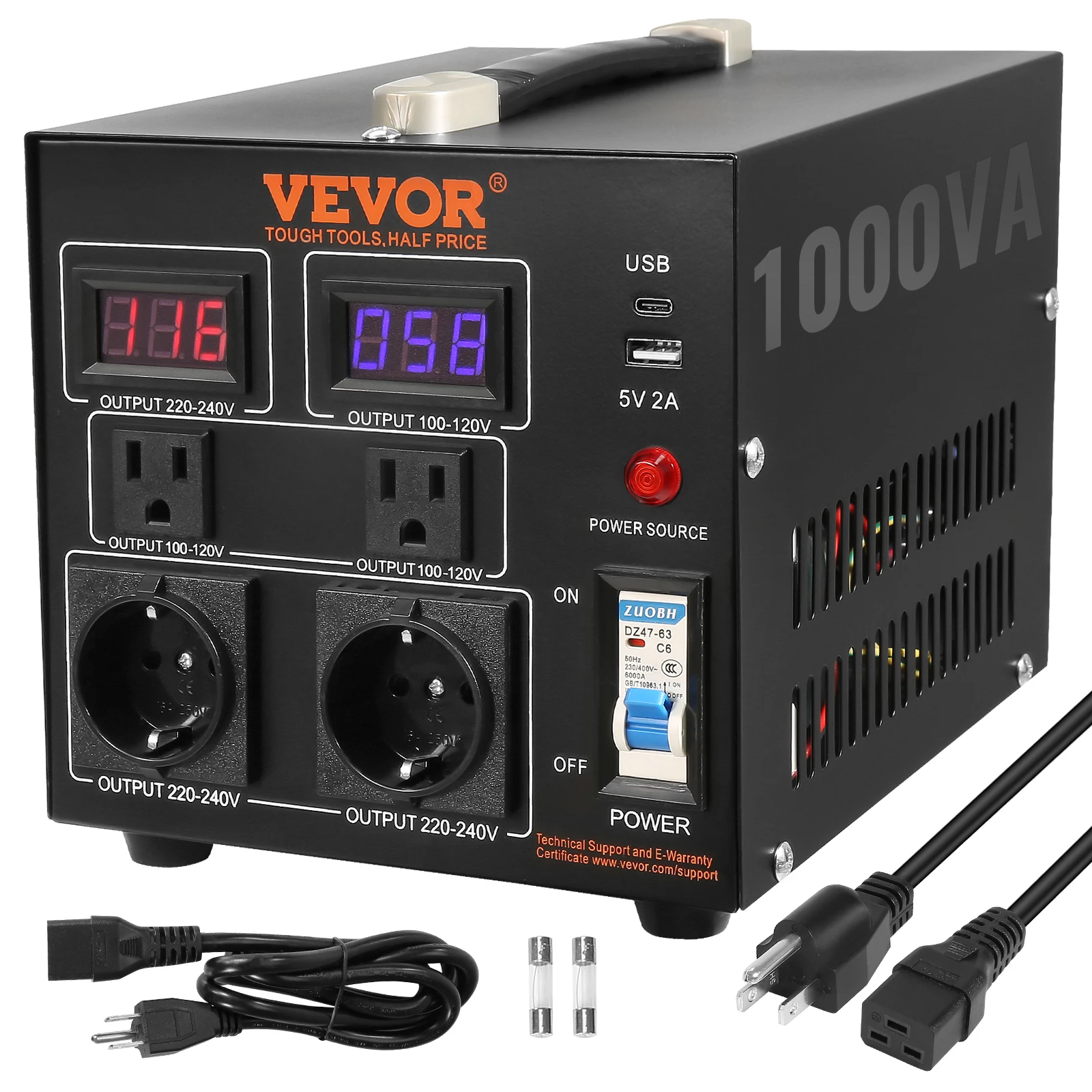 VEVOR Power Converter 1000W Durable Step Up/Down Unit Switches Includes US and EU Outlets plus 5V USB CE Approved