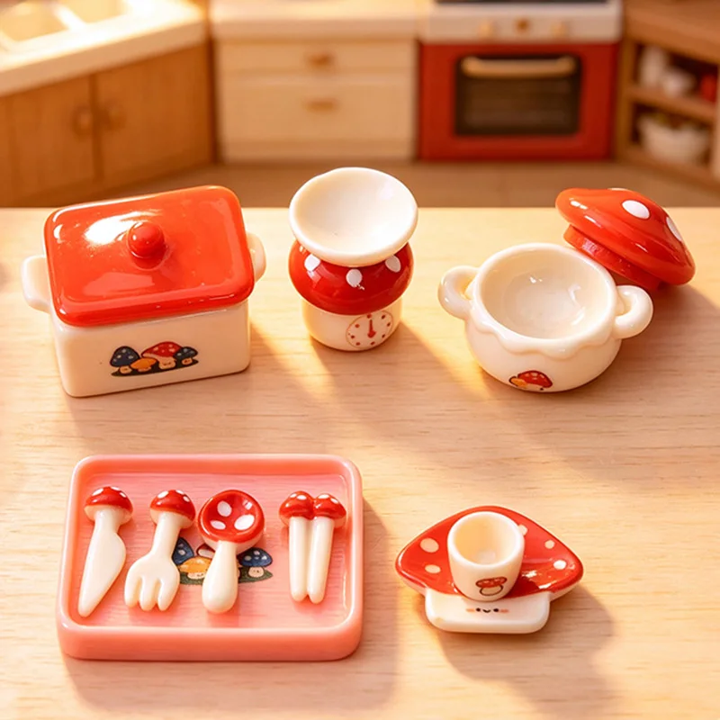 15PCS 1/6 Scale Cute Dollhouse Miniature Cartoon Teapot Cup Dish Model Mushroom Tableware For Doll Accessories Children Toys
