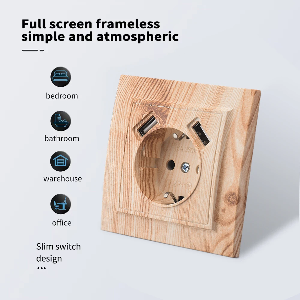 Wood Flame Retardant EU Standard With Ground Paint Plastic Classic USB Power Sockets 250V Wall Embedded Electrical Outlets 250V