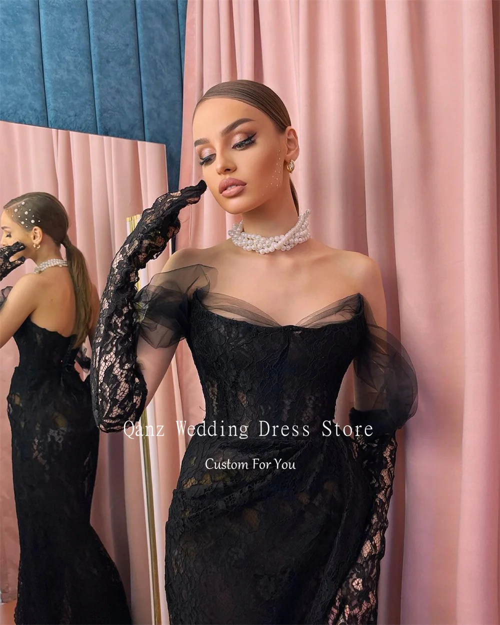 Qanz Black Evening Dresses Woman Elegant Lace High Slit Birthday Dresses Luxury 2024 Mermaid Corset Back Prom Dress Customized