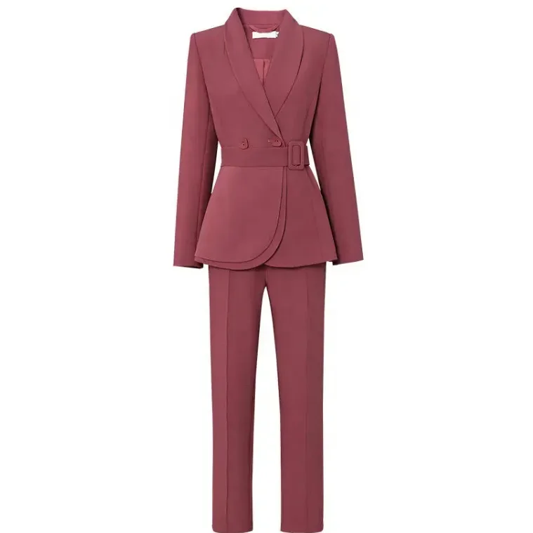 New Fashion Slim Fit Blazer Pants 2 PC Business Casual Wear Red Women Suits with sash