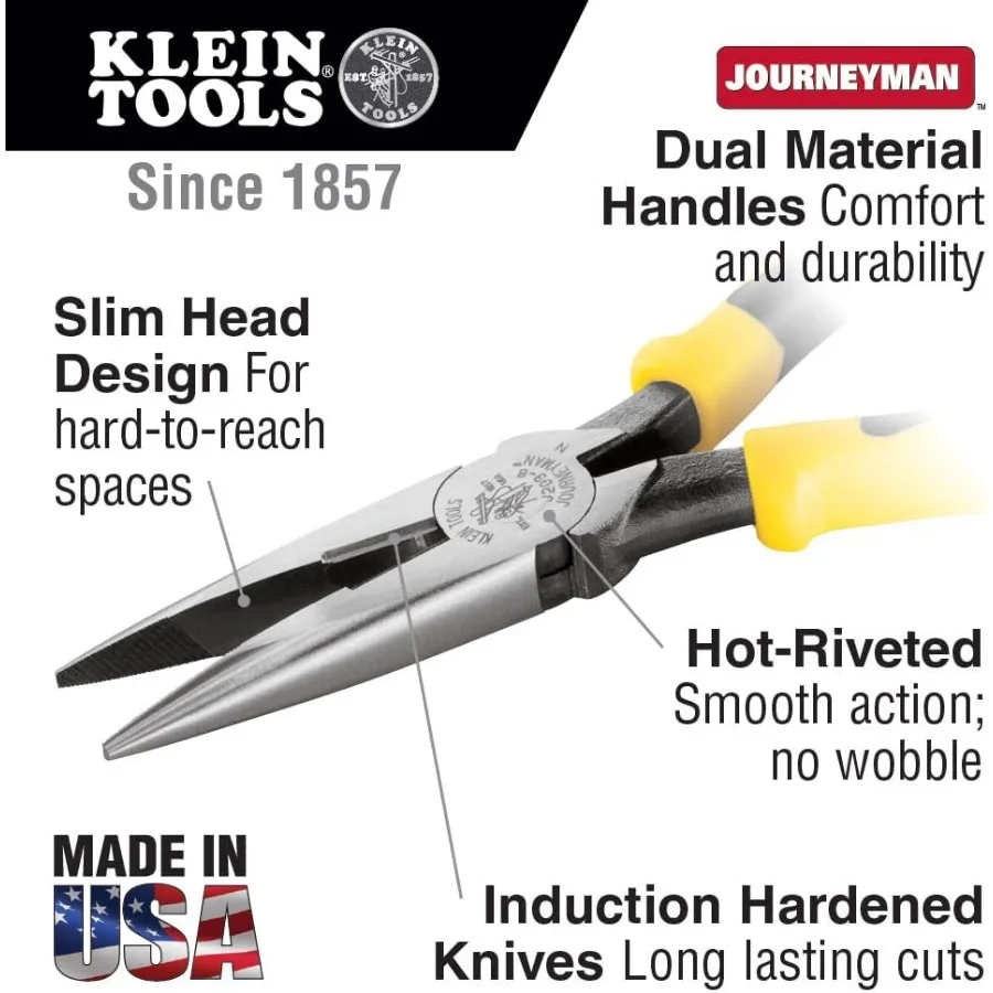 Klein Tools J203-8 8-Inch Needle Nose Pliers Heavy Duty Cutting Extended Handles High Leverage Induction Hardened with Hot-Rive