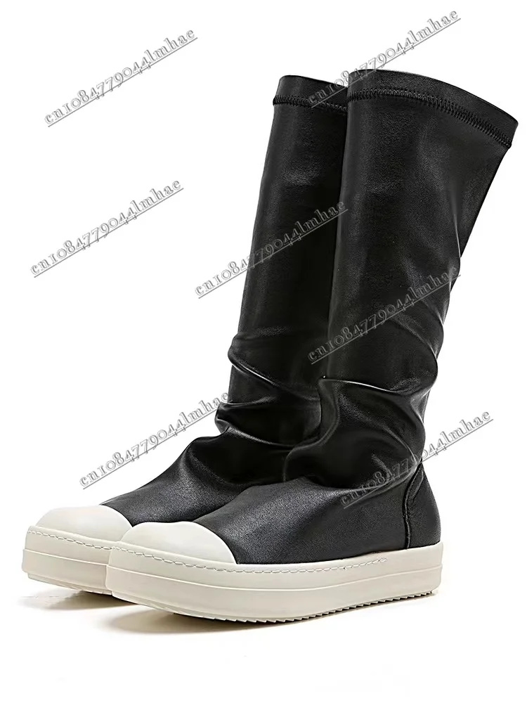 

Men Leather Elastic Short Boots Slip On Mid Calf Women Over Knee Thigh High Thick Sole Sock Shoes Winter Trainers