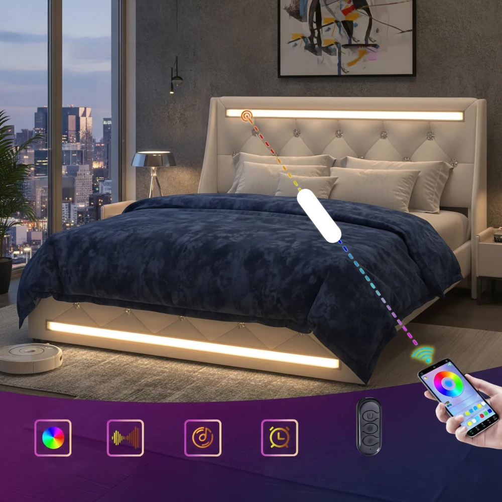 

Queen Bed Frame: LED Lights, Upholstered, Charging, Diamond Headboard, No Box Spring, White