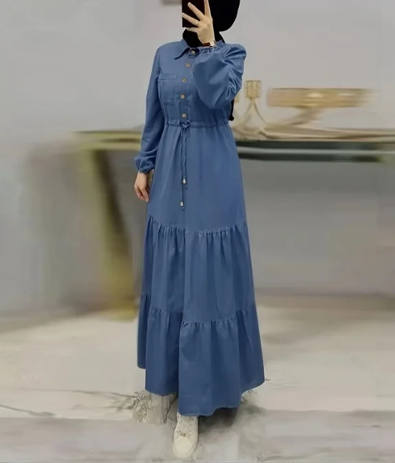 Ele Blue Patched Denim Dr Middle East Faion Commute Sle Verstelbare taille Lange Sve A-lijn rok uit één stuk