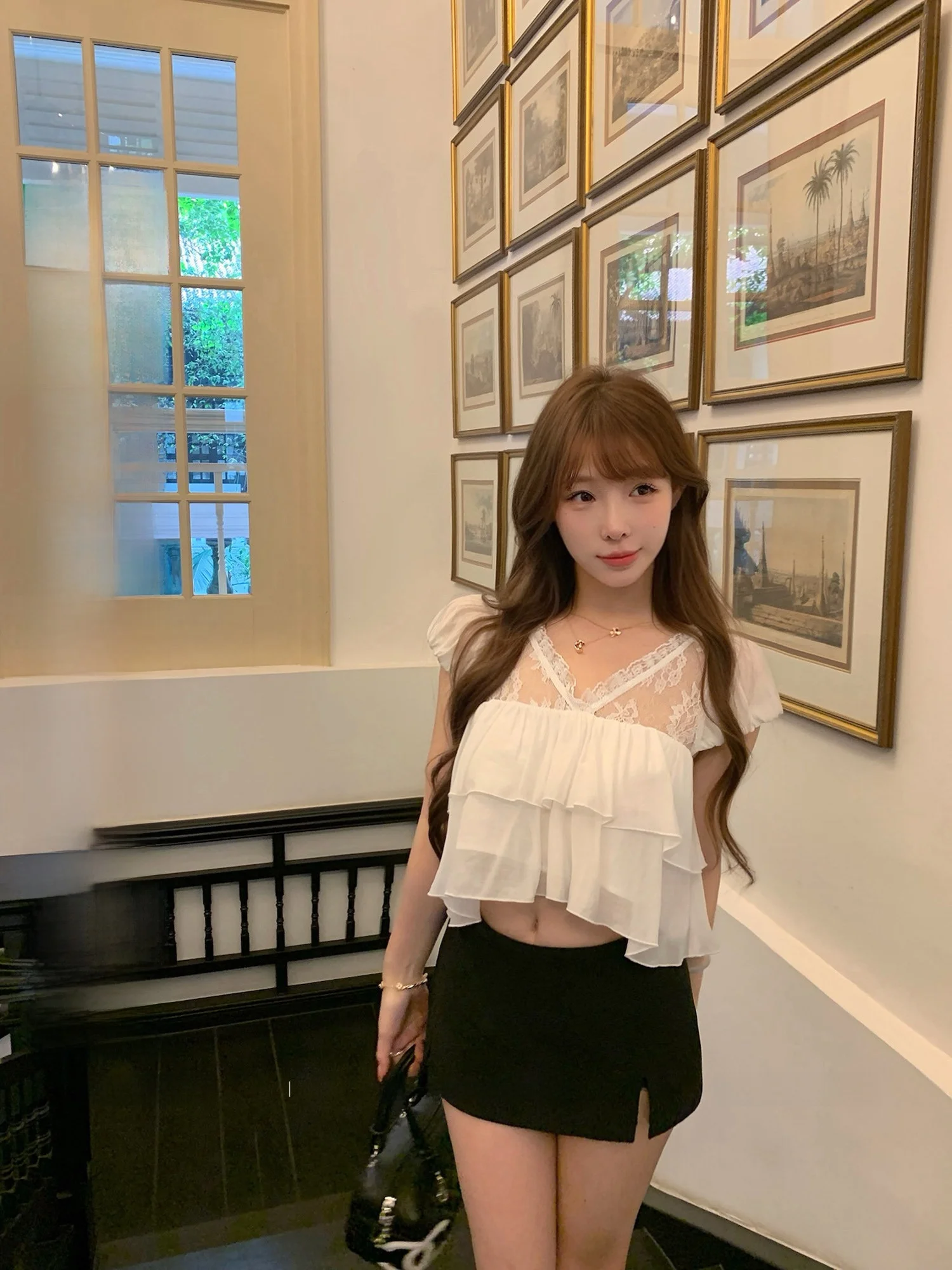 

Lukira Jasmine Lace Splice ort Sve V-ne Women's Blouse Spring Faion Gauze irt Floral Design Breathable Skin-f...