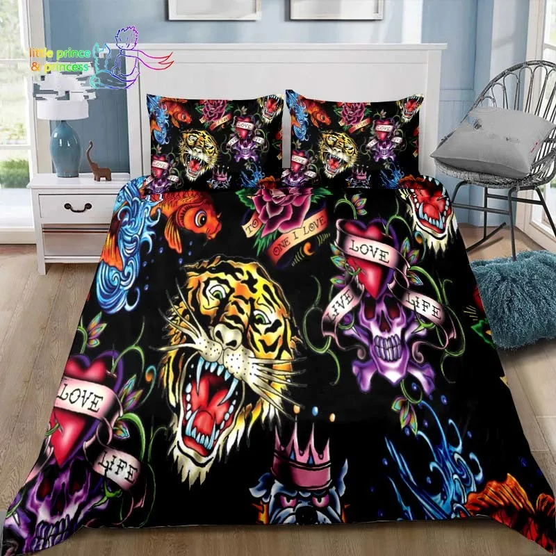 Ed-hardy Tattoo Tiger Skull Bedding Set Single Twin Full Queen King Size Bed Set Adult Kid Bedroom 3D Print Bedding Gift