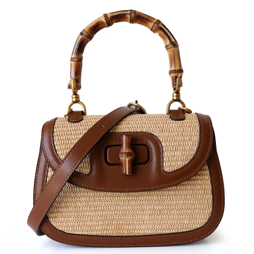 

Genuine Leather Handbags for Women, Ladies Designer Bag, Luxury Bamboo Handle Bags, Brandy Natural Bamboo Hand Bag, High Quality