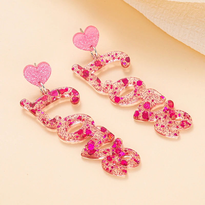 7 Style Bling Heart Dangle Earring Cute Romantic Style Acrylic Letter Love Earring Jewelry Gift For Girl Friend