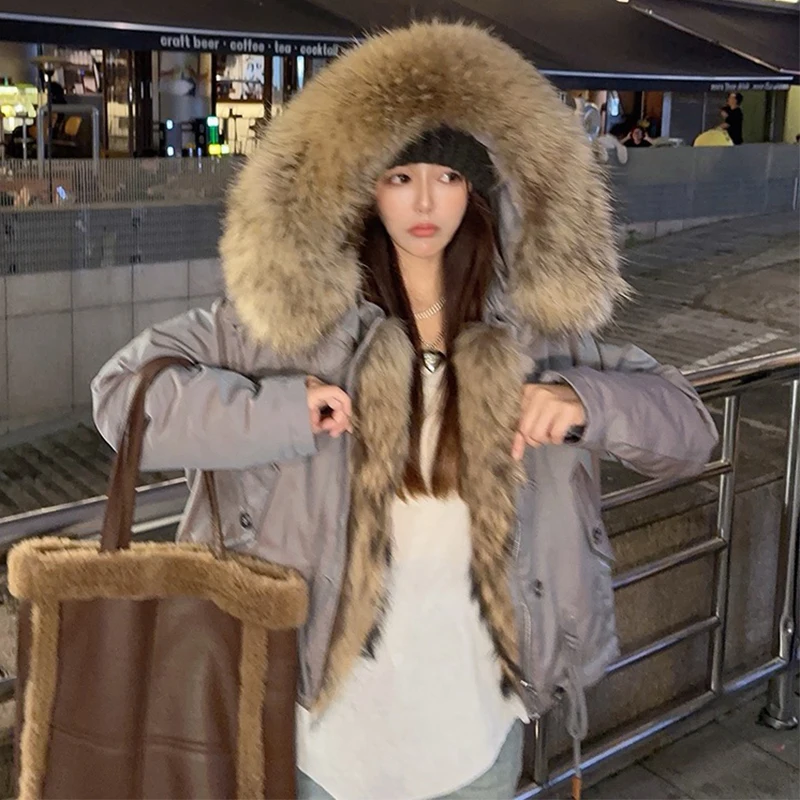 새로운 도착한 여성 이동식 분리형 큰 진짜 너구리 모피 칼라 파카 따뜻한 다운 재킷 느슨한 특대 파카 까마귀 코트