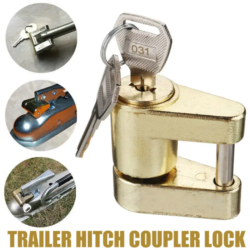 Trailer Coupler Security Lock with Hardened Zinc Alloy Pin Brass Plated Finish and 2 Copper Keys Suitable for Various Vehicles