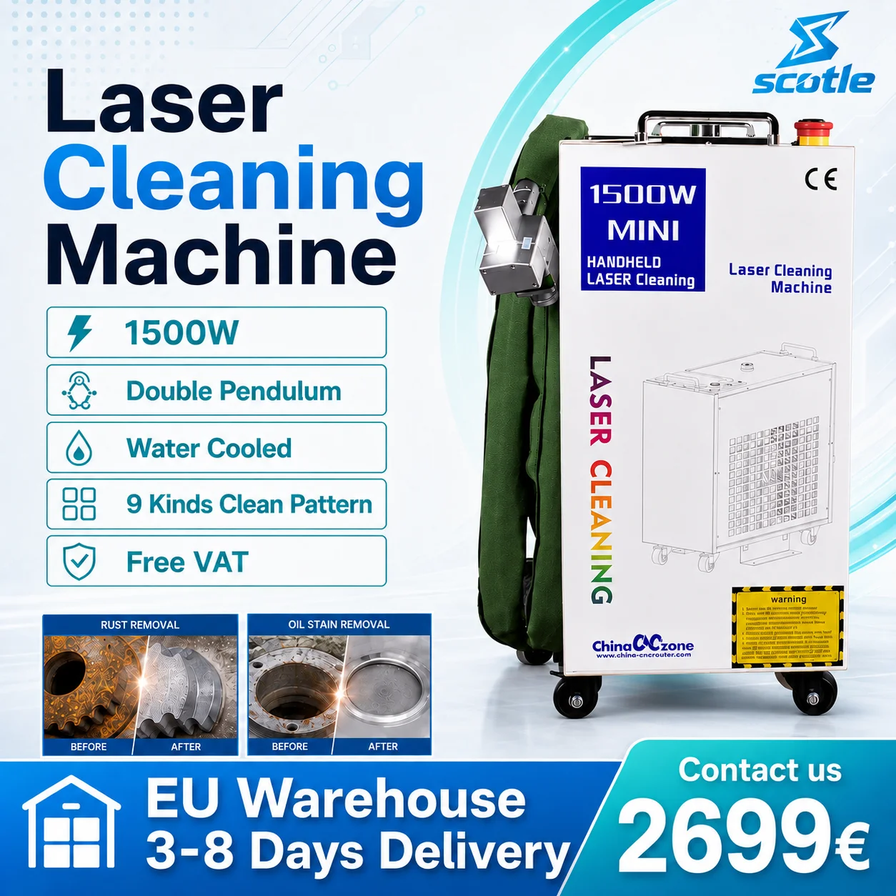 Image of EU-Lager 1500W Reinigungsmaschine Doppelpendel-Laserreiniger 1,5KW 220V zur Entfernung von Rost, Öl und Farbe für die Restaurierung von Metall- und Steinoberflächen