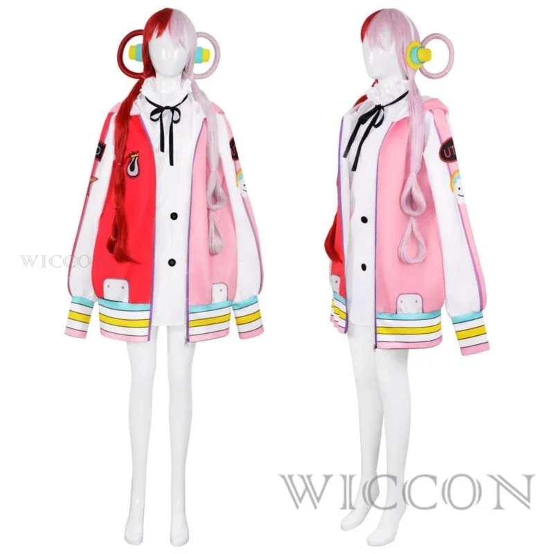 Anime One Peace Cosplay Costume Film Uta Cosplay Kid Adults Red Wig Uniform Coat Earphone Carnival Party Christmas Full Set