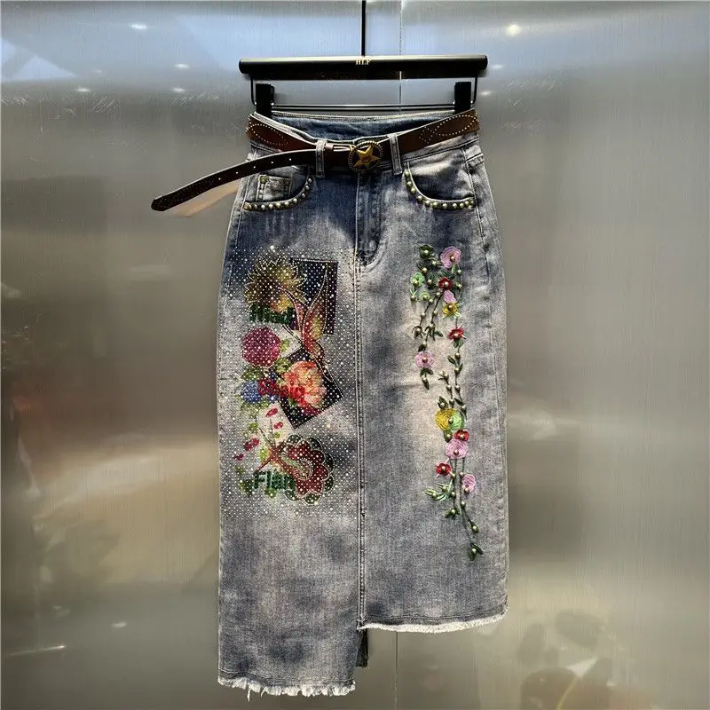 

Europe Style Beaded Embroidery Flower High Waist Denim Skirt for Women Summer New Irregular A-Line Mid-Length Skirt Female