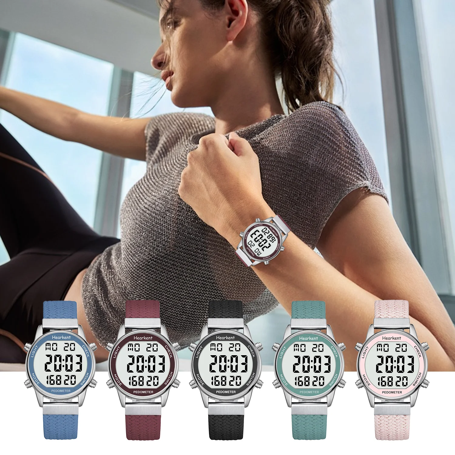 Hearkent-Montre de sport numérique pour femme, podomètre, compteur de pas, chronomètre, compte à rebours, suivi de la marche, calories, mile