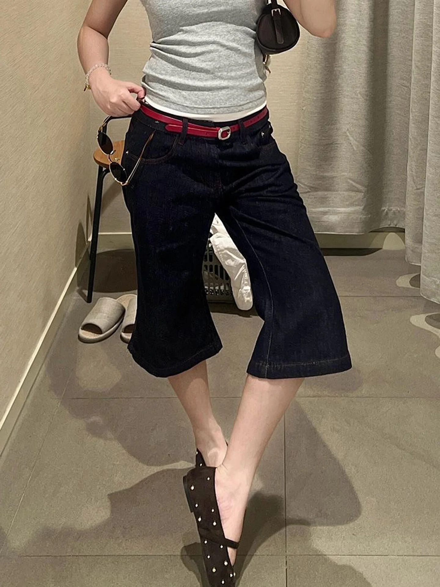 Retro American Street Style Women's Jeans Low Waist Wide Leg Casual Washed out Slimming Micro Flared Denim Pants for Ladies