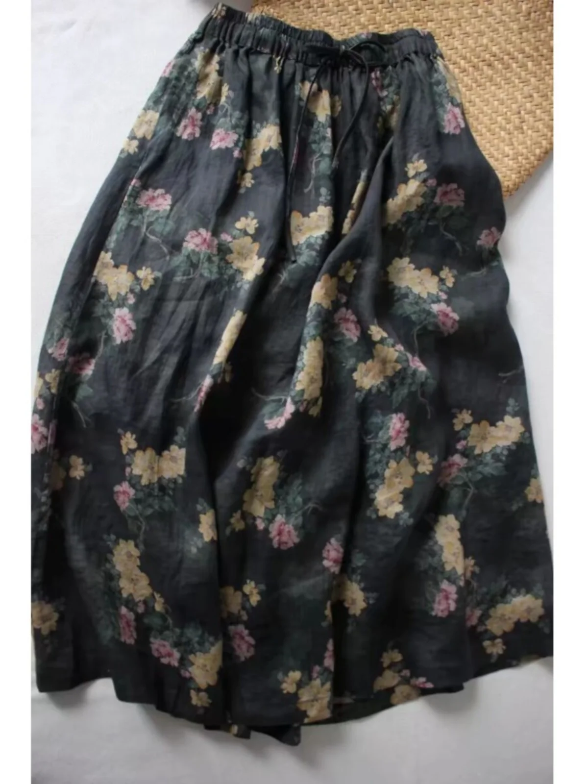 

Artistic Vintage Flax Print Elastic Waist f-length Long Skirt Women's Summer Faion High Waist A-line Skirt ort Dr