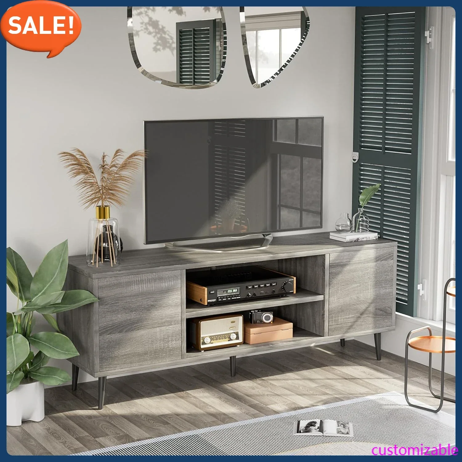 TV Stand for 65 Inch TV, Modern Entertainment Center with Storage Cabinet and Open Shelves