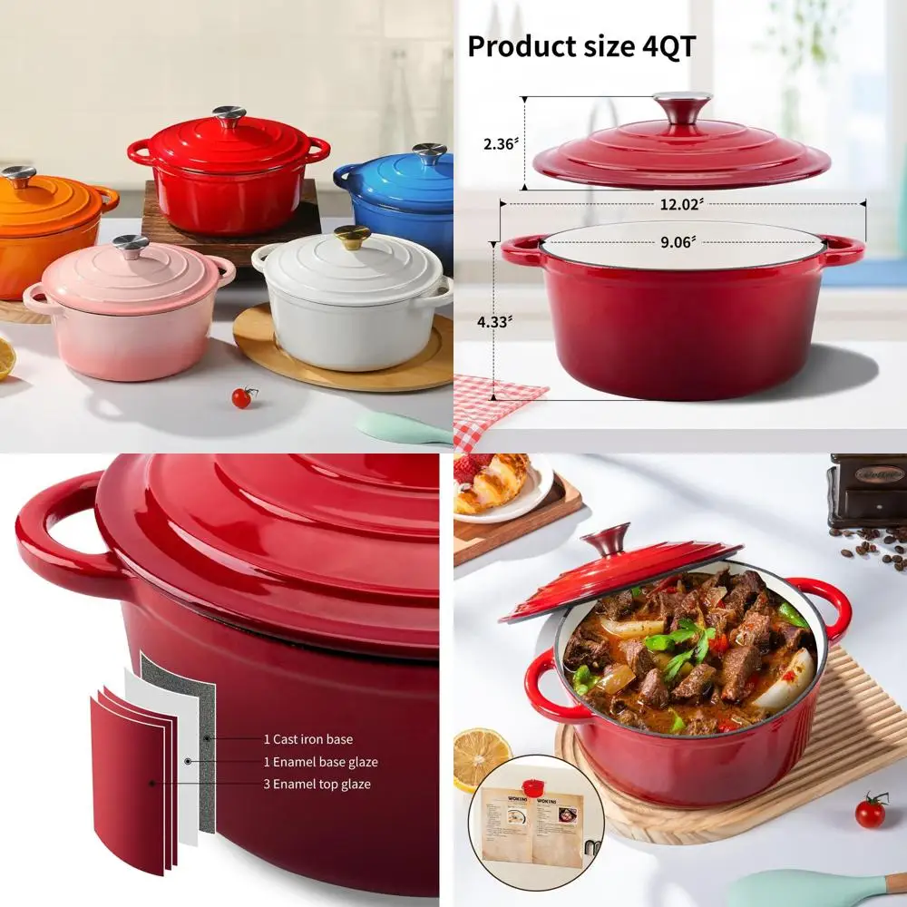 

Сверхмощный эмалированный чугунный голландский горшок для духовки с крышкой, 4QT, безопасный для духовки до 500 ° F, Красный, Идеально подходит для выпечки хлеба, бразировки, раковины, R