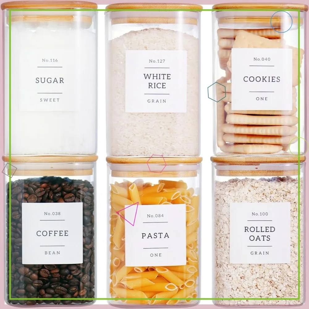 

6 Square Glass Storage Jars with Bamboo Lids and Labels - Airtight Containers for Pantry Organization
