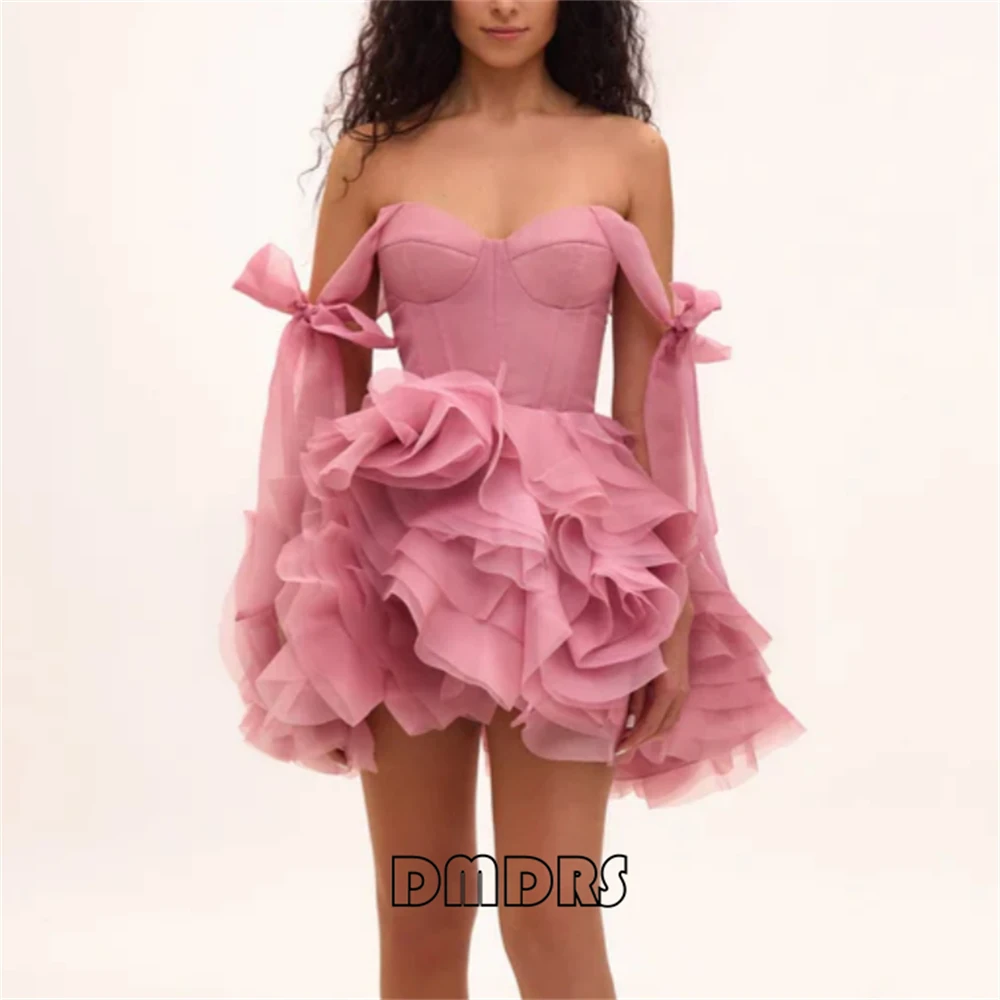 Ruffled Short Formal Dress for Women Bow-tie Off Shoulder Tulle Evening Dresses Cute Evening Dresses Birthday Party Gown Custom