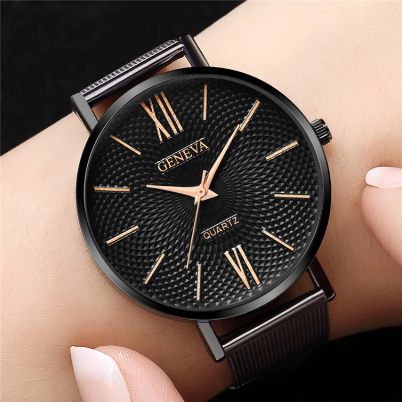 Geneva Watch Women Black Stainless Steel Quartz Wristwatches Women Ladies Watch Montre Femme Reloj Mujer Relogio Feminino