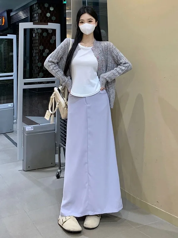 

plus Size Women's Soft Purple Knitted Sweater Cardigan Top Autumn High Waist Anti-Aging Midi Skirt Set Faionable Commute Sle