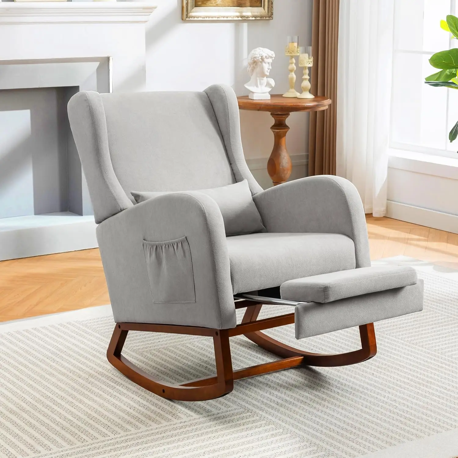 High Back Nursery Glider with Footrest & Side Pocket, Upholstered Foam Seat Rubberwood Base for Living Room Bedroom, Customized
