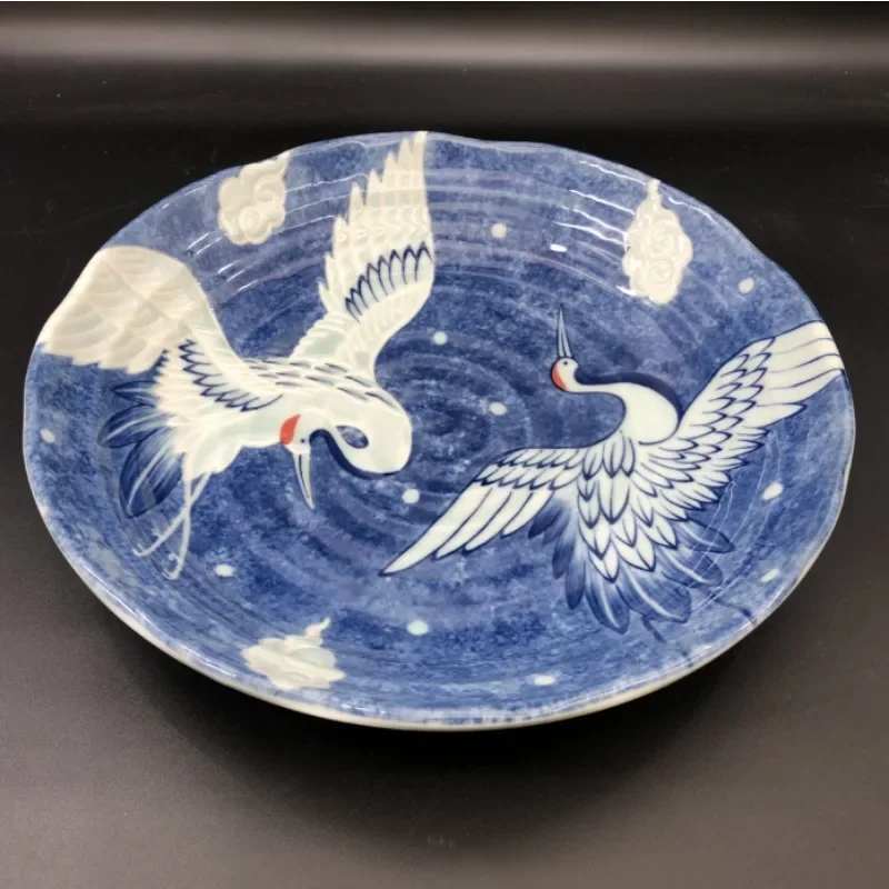 Japanese Ceramic Plate, Blue Crane Dinner Plate, Kitchen Multi-use Fish Plate, Japanese Style Ceramic Tableware, Dinner
